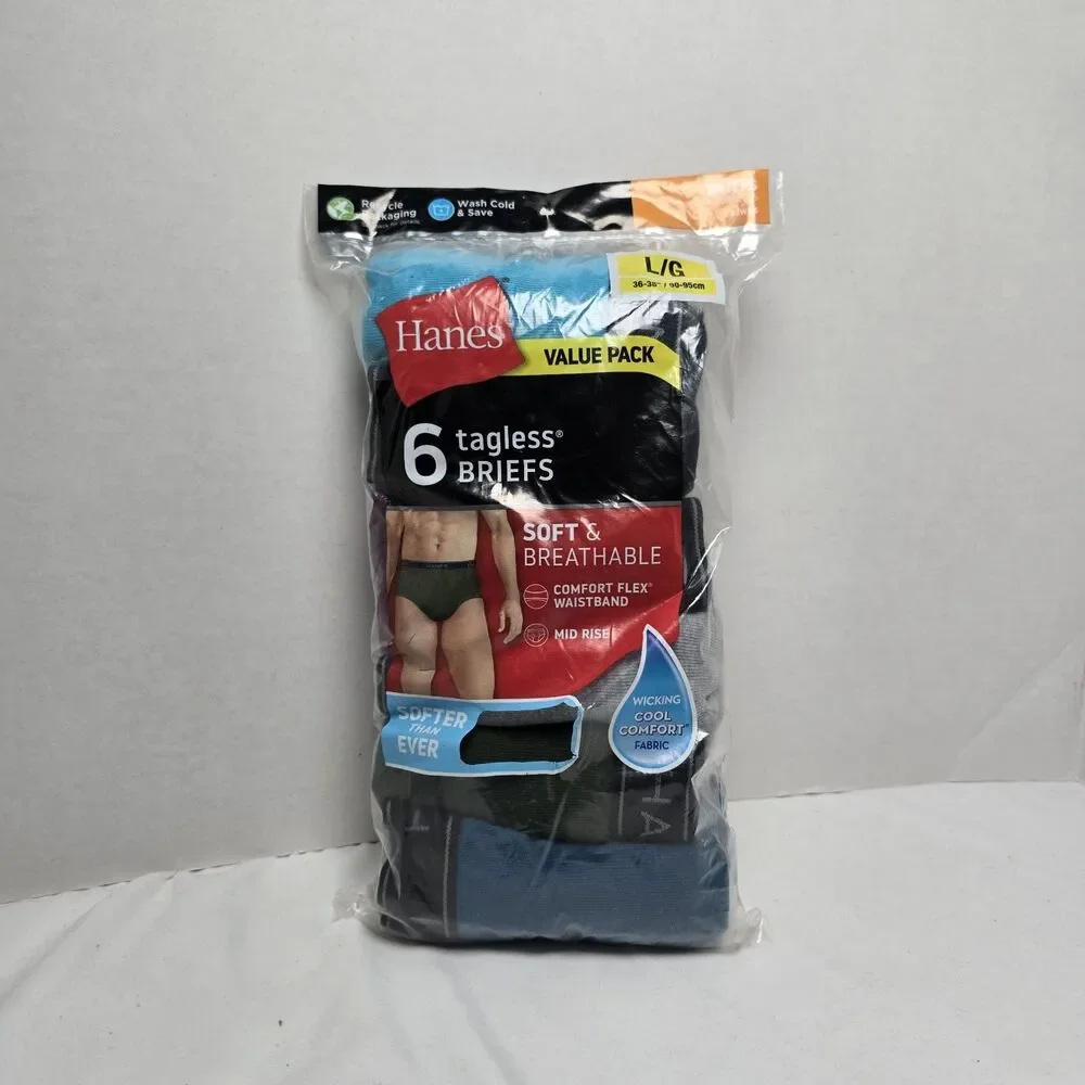 Hanes Comfort Flex Briefs Mid-Rise 6pk Multi-Color Men's Size Large 36-38 Tagles